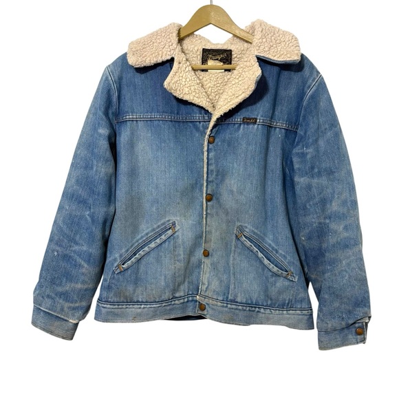 Vtg 70s Wrangler Wrange Large Sherpa Lined Denim Jean Jacket Farm Chore Barn
